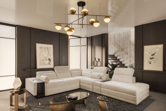 Rozkładany narożnik do wielkiego salonu w domu z ukrytym barkiem i ładowarką ASTON 16 6