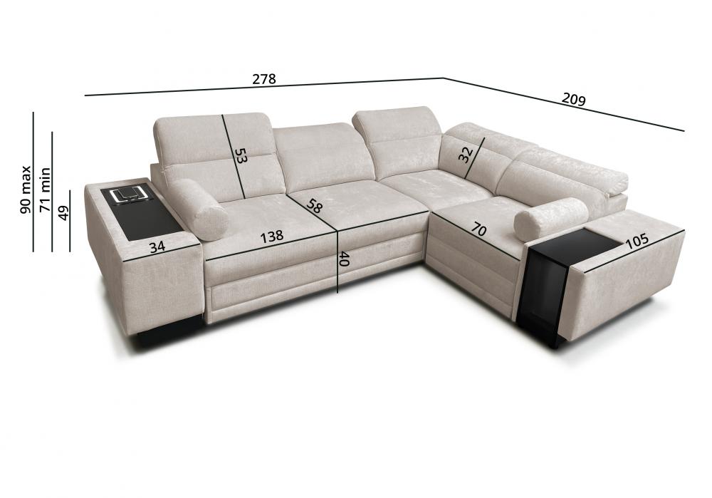 Rozkładany narożnik z ładowarką indukcyjną i barkiem ASTON 2 27