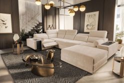 Sofa narożna U rozkładana z podnóżkiem barkiem i ładowaniem indukcyjnym ASTON 4 MIX 19