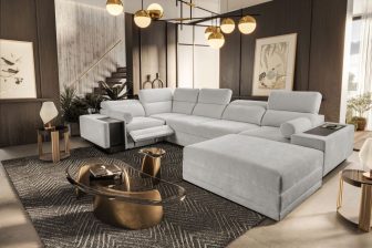 Sofa narożna U rozkładana z podnóżkiem barkiem i ładowaniem indukcyjnym ASTON 4 MIX 13