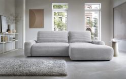 Szara sofa narożna w tkannie w prążki