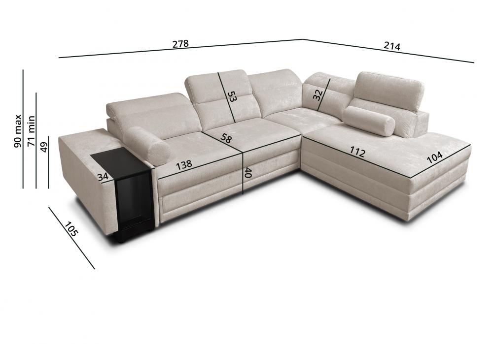Sofa rogowa z funkcją spania z indukcją i barkiem ASTON 7 27