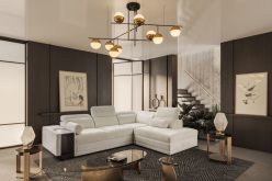 Sofa rogowa z funkcją spania z indukcją i barkiem ASTON 7 23