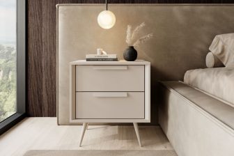 Minimalistyczny stolik nocny w kolorze kaszmiru na nogach