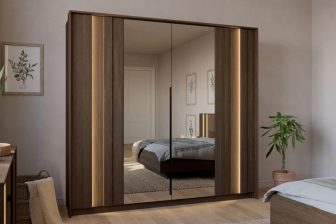 Szafa 4 drzwiowa ciemne drewno z lustrami 223 HEBAN 9 Stylowa szafa uchylna 4 drzwiowa ciemne drewno z lustrami