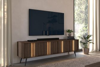 Szafka RTV ciemne drewno z oświetleniem LED 183 cm HEBAN 2 Szafka RTV ciemne drewno z oświetleniem LED