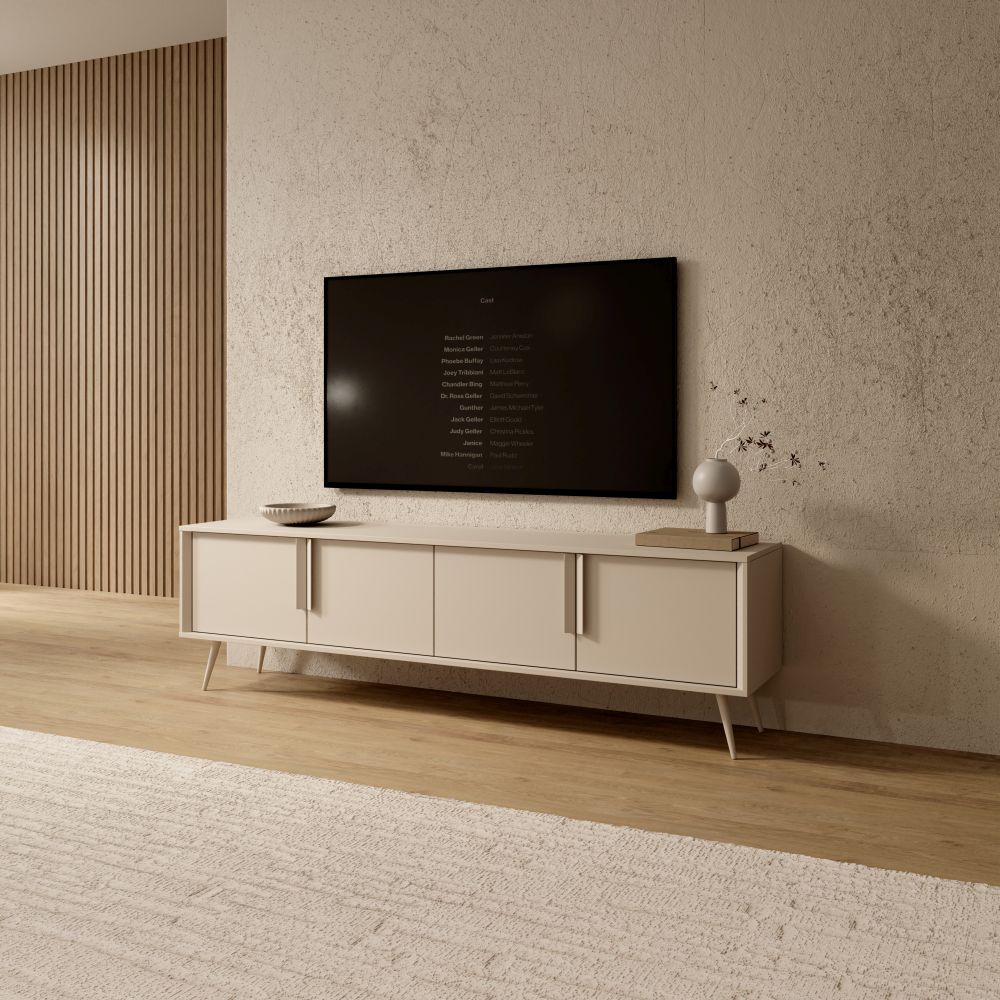 MInimalistyczna szafka RTV z drzwiczkami na wysokich nogach