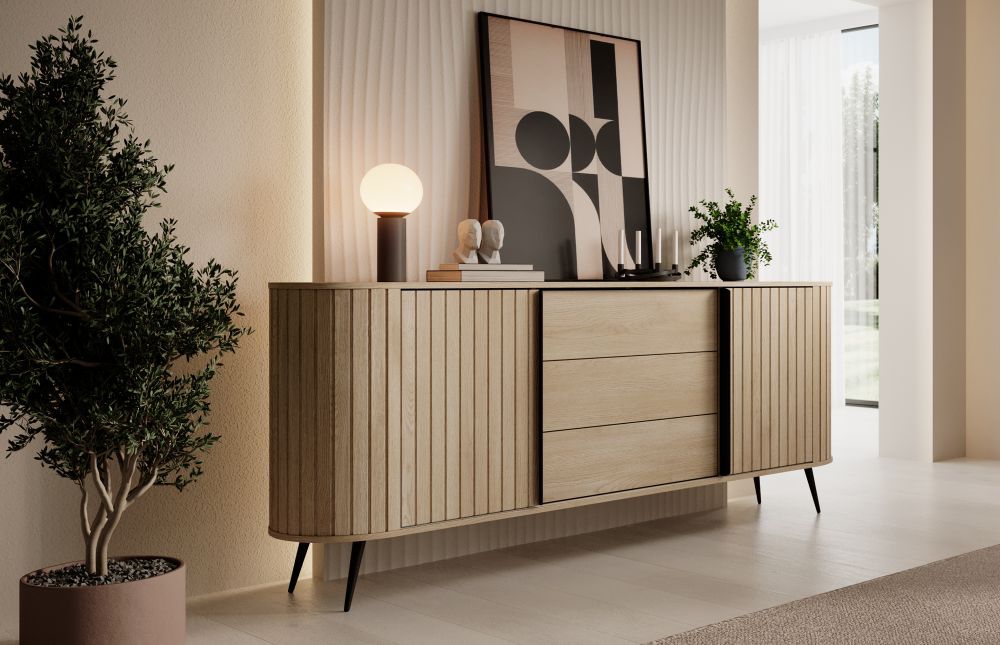 Wielka owalna komoda z przesuwnymi drzwiami 196 cm FLOW 1 Duża owalna komoda z przesuwnymi drzwiami