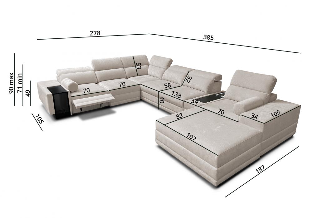 Wielka sofa U z elektrycznym podnóżkiem rozkładana z barkiem i indukcją ASTON 15 MIX 10