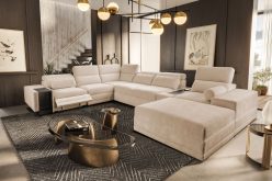 Wielka sofa U z elektrycznym podnóżkiem rozkładana z barkiem i indukcją ASTON 15 MIX 2