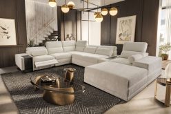 Wielka sofa U z elektrycznym podnóżkiem rozkładana z barkiem i indukcją ASTON 15 MIX 3