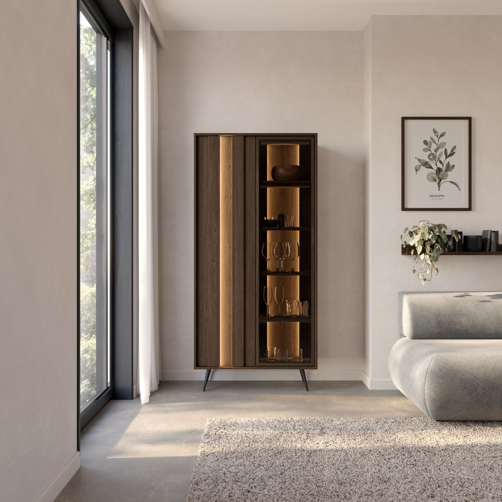 Witryna ciemne drerwno z LED HEBAN 1 Stylowa witryna ciemne drewno na wysokich nogach z oświetleniem LED