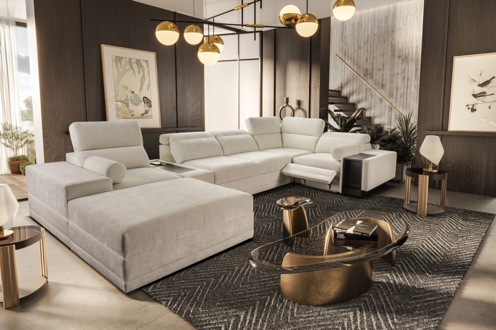 Wypoczynek w kształcie U z funkcją spania ze sterowanym podnóżkiem barkiem i ładowarką ASTON 14 MIX 1 Wypoczynek w kształcie U z funkcją spania ze sterowanym podnóżkiem barkiem i ładowarką ASTON 14 MIX