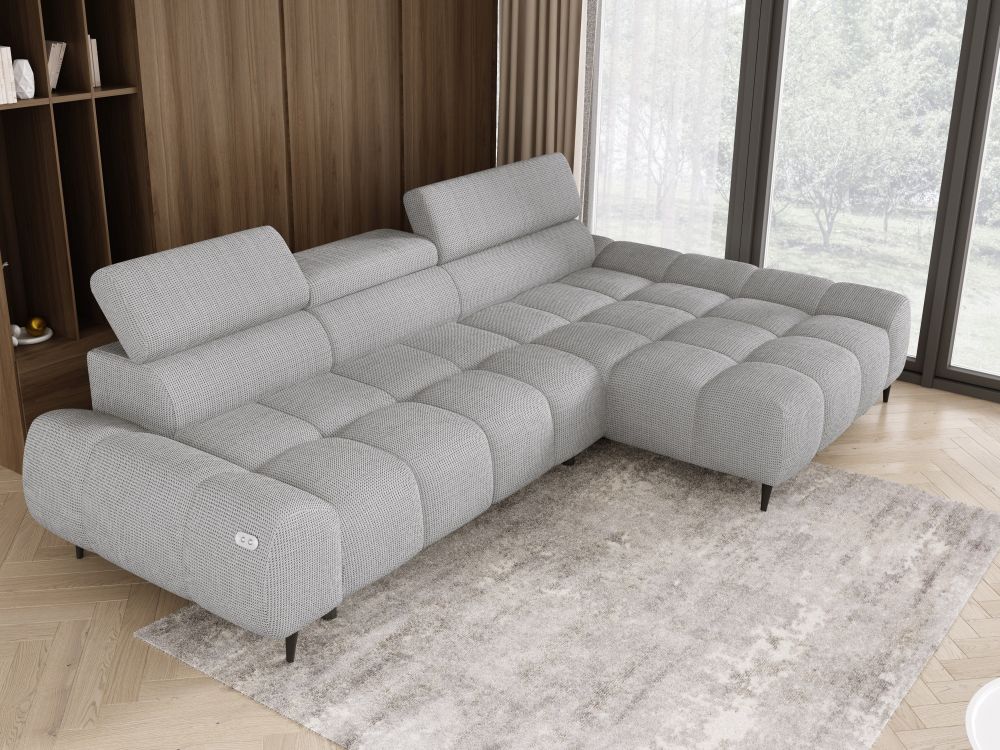 Sofa narożna o geometrycznym kształcie elektrycznie rozkładana