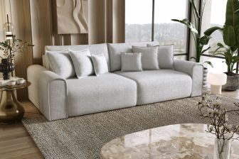Bigsofa ze sprężynami kieszeniowymi z ogromną powierzchnią spania 228x184 HAPPY 2 Jasna bigsofa odporna na plamy z ogromną powierzchnią spania