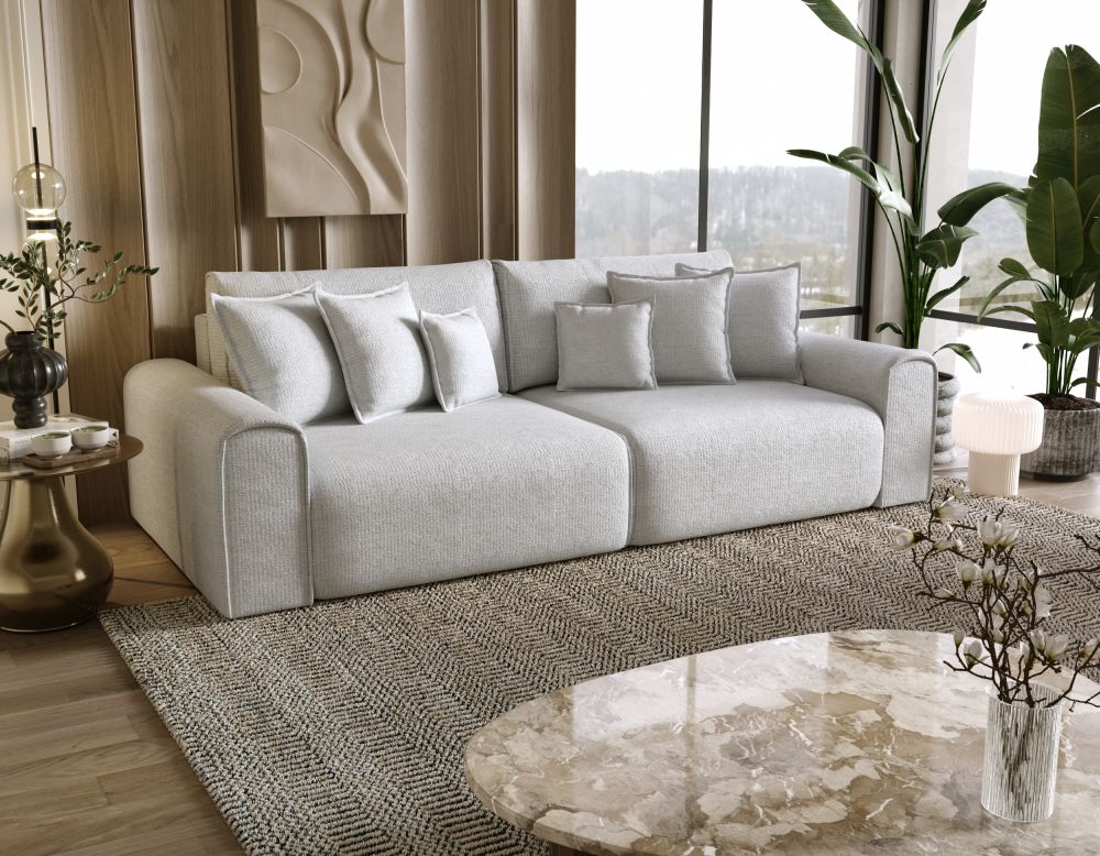 Bigsofa ze sprężynami kieszeniowymi z ogromną powierzchnią spania 228x184 HAPPY 1 Jasna bigsofa odporna na plamy z ogromną powierzchnią spania