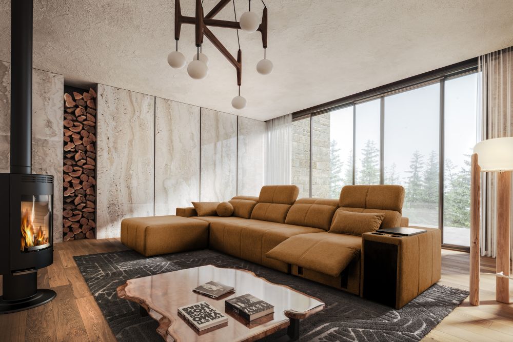 Musztardowy narożnik z wysłużonym siedziskiem z funkcją spania relax elektryczny