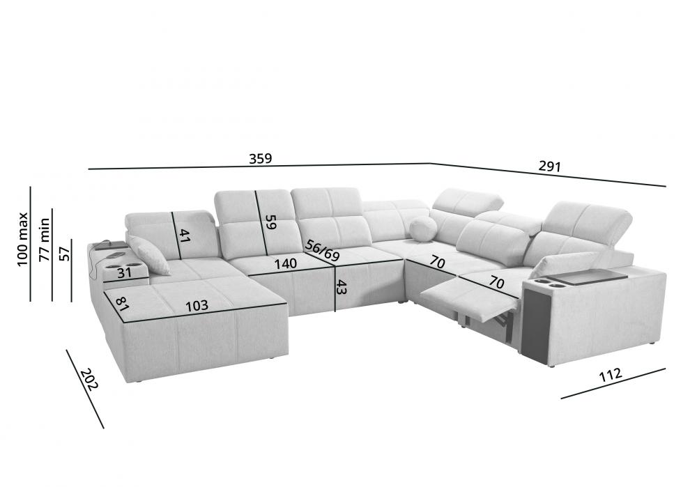Ogromna sofa w kształcie podkowy z funkcją spania z elektrycznym podnóżkiem MIRACLE 8 MIX 10