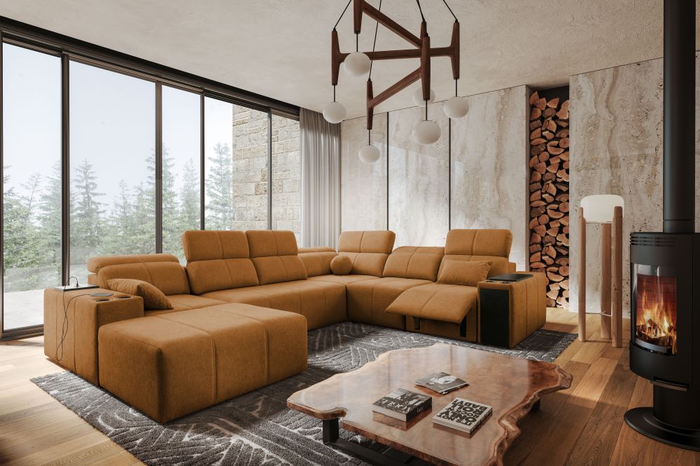 Eskluzywna musztardowa sofa w kształcie podkowy z funkcją spania z elektrycznym podnóżkiem