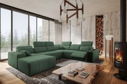 Olbrzymia i nowoczesna sofa w kształcie podkowy z funkcją spania z elektrycznym podnóżkiem