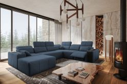 Duża rodzinna sofa w kształcie podkowy z funkcją spania z elektrycznym podnóżkiem
