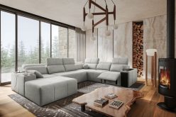 beżowa plamoodporna sofa w kształcie podkowy z funkcją spania z elektrycznym podnóżkiem