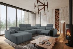Szara modna sofa w kształcie podkowy z funkcją spania z elektrycznym podnóżkiem