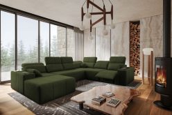 Wielka i luksusowa sofa w kształcie podkowy z funkcją spania z elektrycznym podnóżkiem