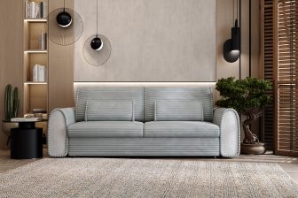 Szara sofa rozkładana w grubym sztruksie
