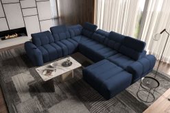 Rozkładana sofa U kształtna z kompaktową ładowarką USB INFERNO 8 14 Granatowa welurowa rozkładana sofa U kształtna z kompaktową ładowarką USB
