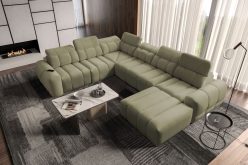 Rozkładana sofa U kształtna z kompaktową ładowarką USB INFERNO 8 18 Brązowa olbrzymia rozkładana sofa U kształtna z kompaktową ładowarką USB