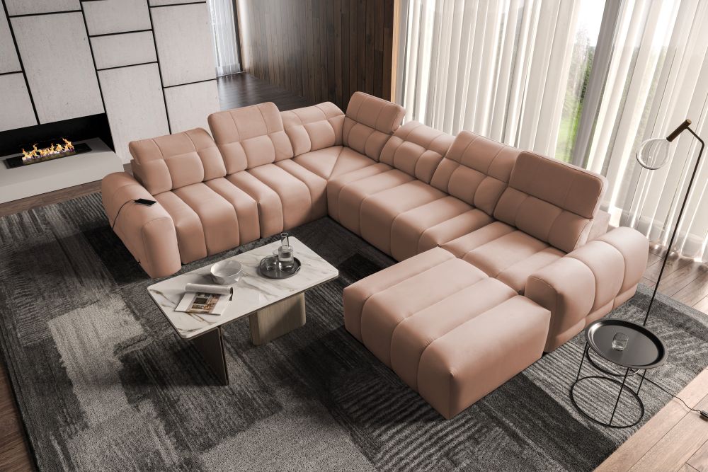 Rozkładana sofa U kształtna z kompaktową ładowarką USB INFERNO 8 15 Beżowa plamoodporna rozkładana sofa U kształtna z kompaktową ładowarką USB