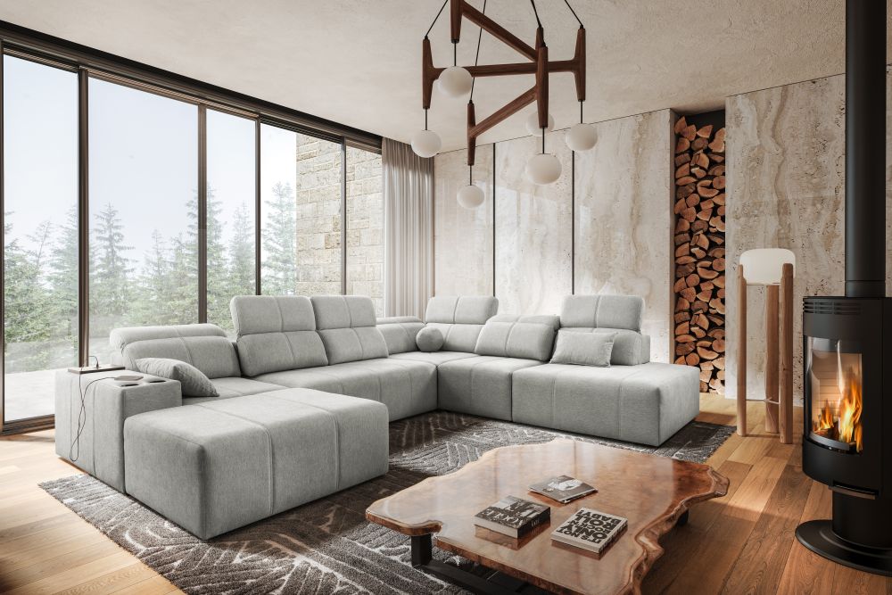 Rozkładana sofa z dwoma szezlongami z ładowarką MIRACLE 10 22 Plamoodporna sofa z dwoma szezlongami rozkładana do salonu