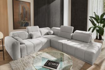 Piękna i wygodna sofa narożna z otwartym bokiem z funkcją spania