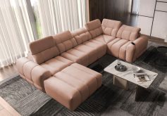 Sofa rogowa U z funkcją spania z ładowarką do smartfona INFERNO 4 15 Beżewa i bardzo wygodna sofa rogowa U z funkcją spania z ładowarką do smartfona