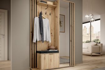Garderoba do przedpokoju z dużym lustrem i siedziskiem dąb artisan + czarny NOLA 18 Garderoba do przedpokoju z dużym lustrem i siedziskiem dąb artisan + czarny NOLA 3
