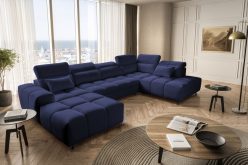 Granatowa luksusowa sofa U kształtna z funkcją spania