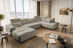 Beżowa hydrofobowa luksusowa sofa U kształtna z funkcją spania