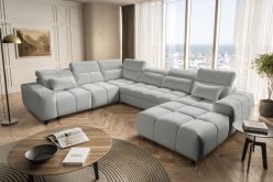 Jasna szara sofa U z otwartą otomaną z funkcją spania