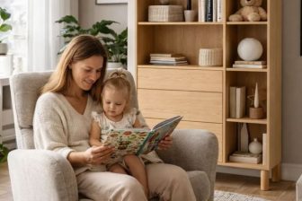 Asymetryczny regał z szufladami do pokoju dziecięcego