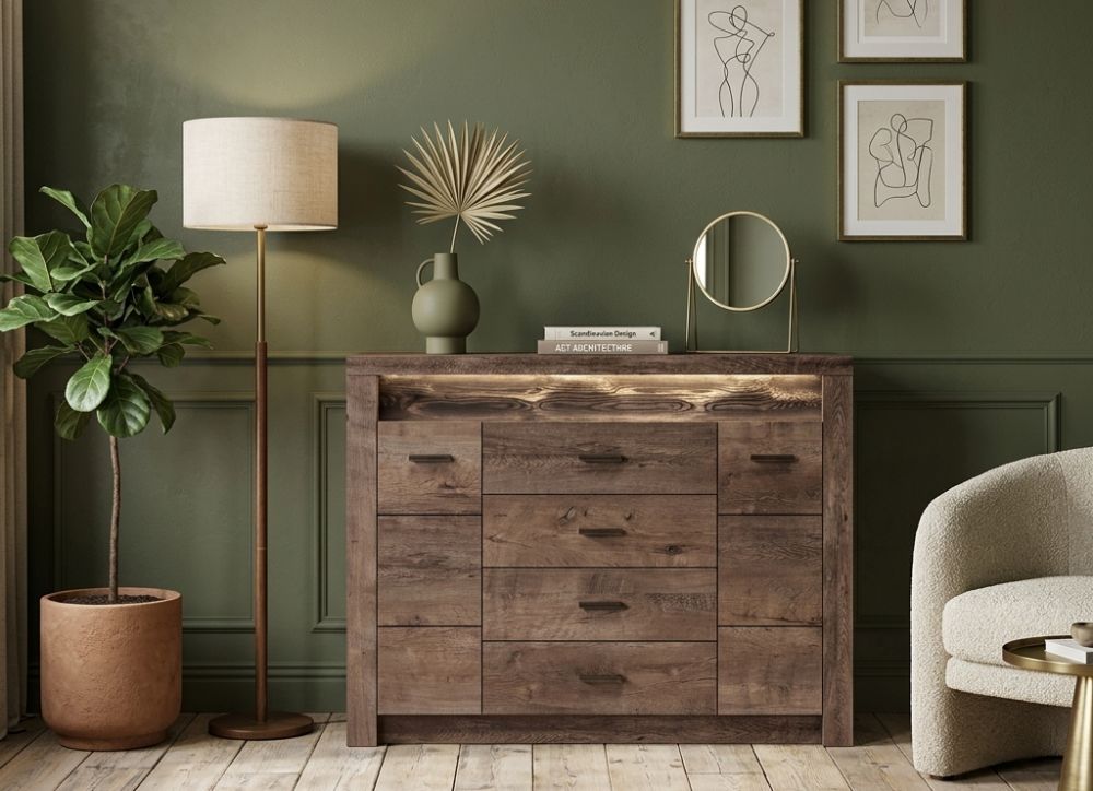 Duża komoda z szafkami i szufladami brązowe drewno 137cm VELMONT 1 Stylowa duża komoda szafki i szuflady z oświetleniem LED