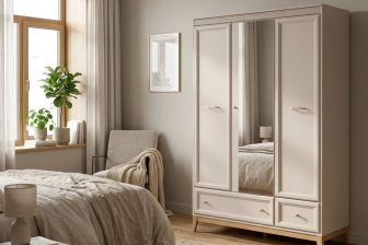 Elegancka garderoba do sypialni kaszmir z lustrem GLASGOW 2 Klasyczna garderoba do sypialni kaszmir z lustrem ze złotymi uchwytami