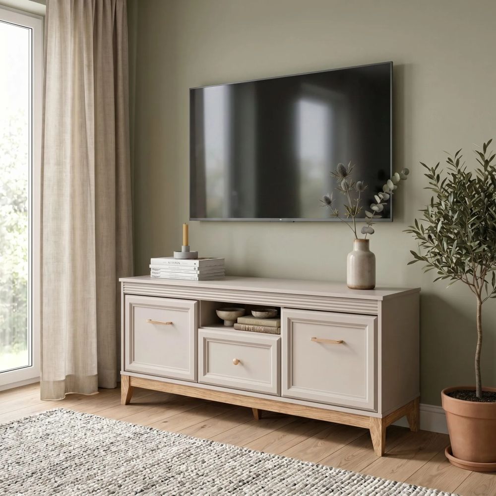 Elegancka szafka RTV 136cm GLASGOW 8 1 Ekskluzywna szafka RTV kaszmir ze złotem w tradycyjnym stylu