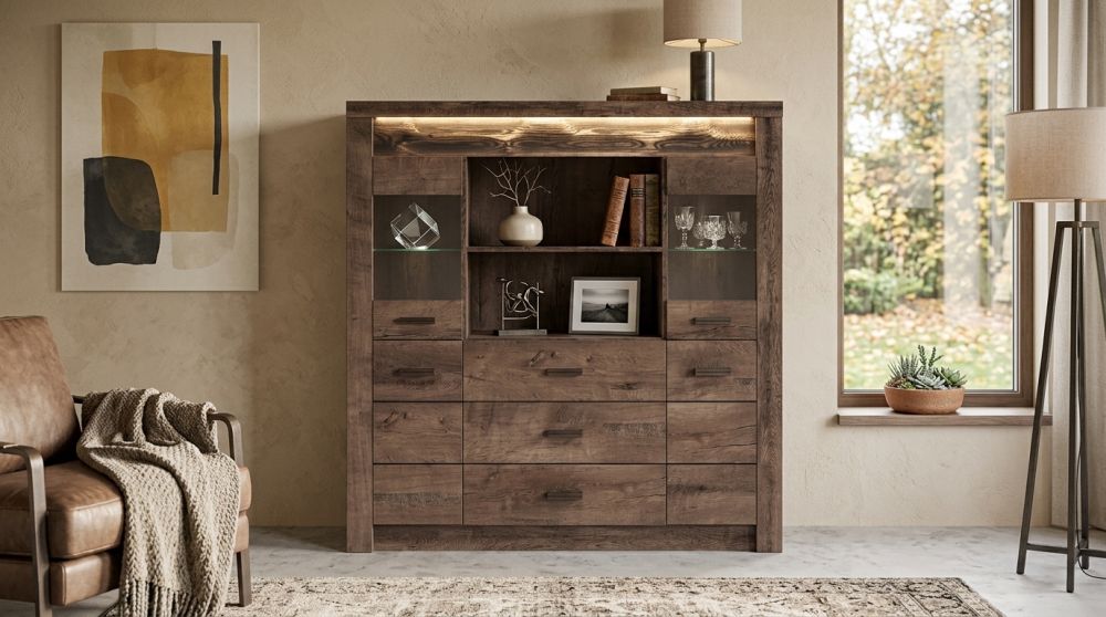 Komoda gablota brązowe drewno 137cm VELMONT 1 Komoda gablota ciemne drewno