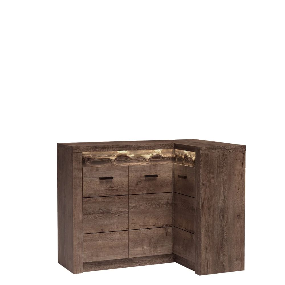 Komoda narożna brązowe drewno 131cm VELMONT 25 Komoda narożna ciemne drewno