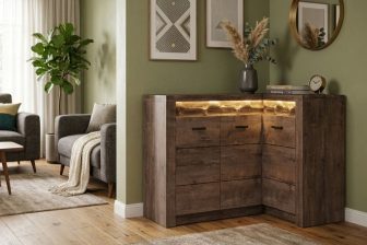 Komoda narożna brązowe drewno 131cm VELMONT 11 Komoda narożna ciemne drewno