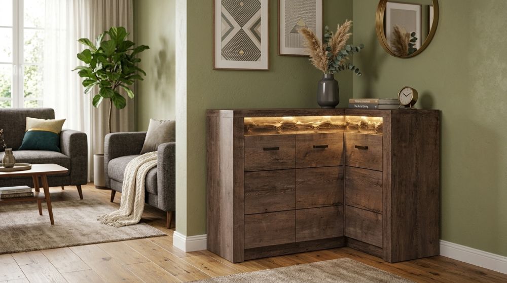 Komoda narożna brązowe drewno 131cm VELMONT 1 Komoda narożna ciemne drewno