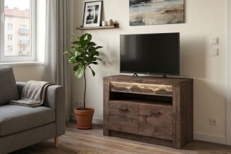 Malutka szafka RTV brązowe drewno 96cm VELMONT 6 Mała szafka RTV ciemne drewno