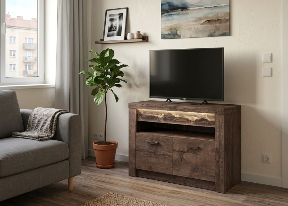Malutka szafka RTV brązowe drewno 96cm VELMONT 1 Mała szafka RTV ciemne drewno