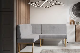 Minimalistyczy narożnik kuchenny na drewnianych nogach URBANO 12 Szary minimalistyczny narożnik kuchenny z nogami z drewna bukowego